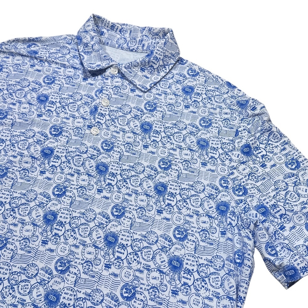 Ibkul Antique Postage Stamp White Blue Performance Golf S/S Shirt Mens Large